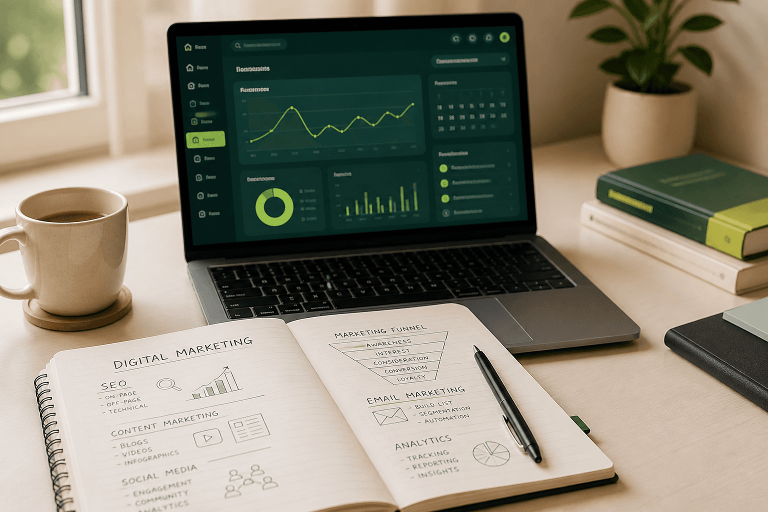 Class notes and learning materials on a desk