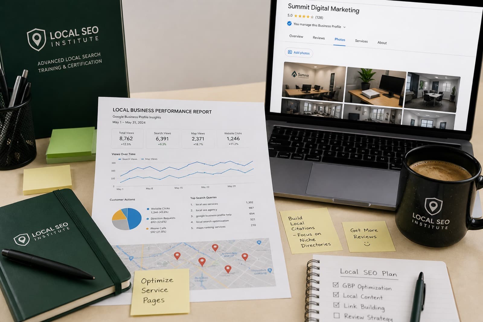 Local SEO practice workspace with maps and business reports